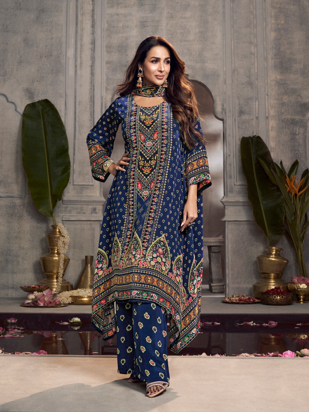 Malaika Arora Ethnic Motifs Printed Beads And Stones Silk Crepe Kurta With Palazzos & Dupatta