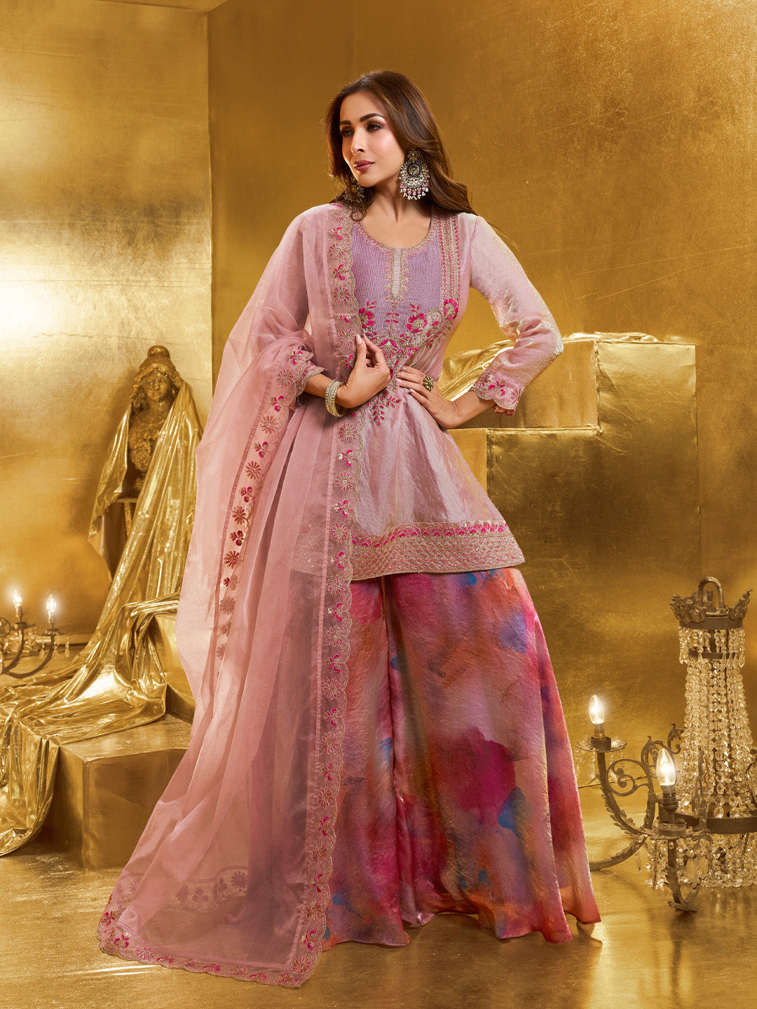 Malaika Arora Women Floral Yoke Design Regular Thread Work Kurta With Palazzos & With Dupatta