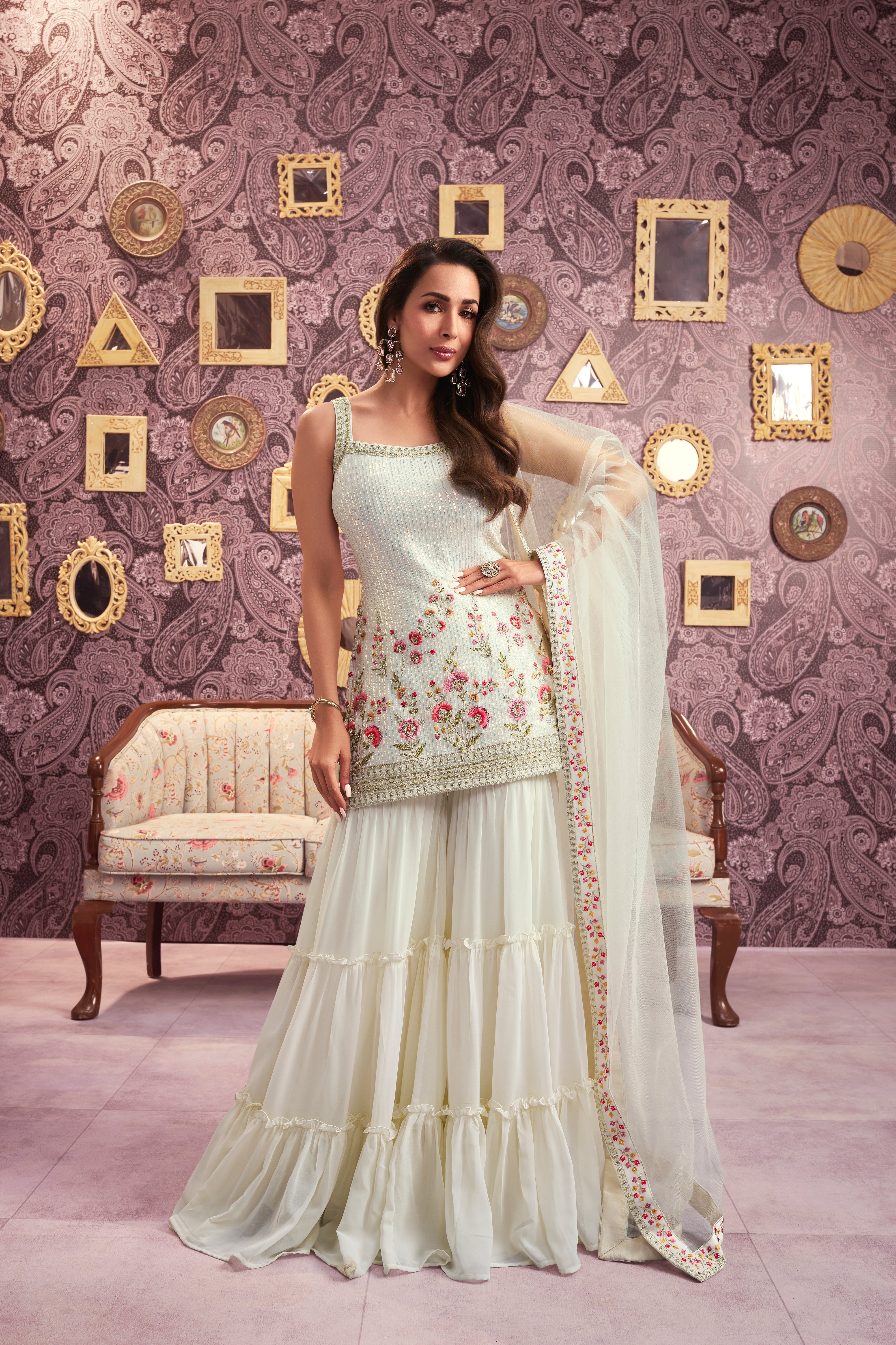 Malaika Arora Women Floral Embroidered Regular Sequinned Kurti With Sharara & With Dupatta