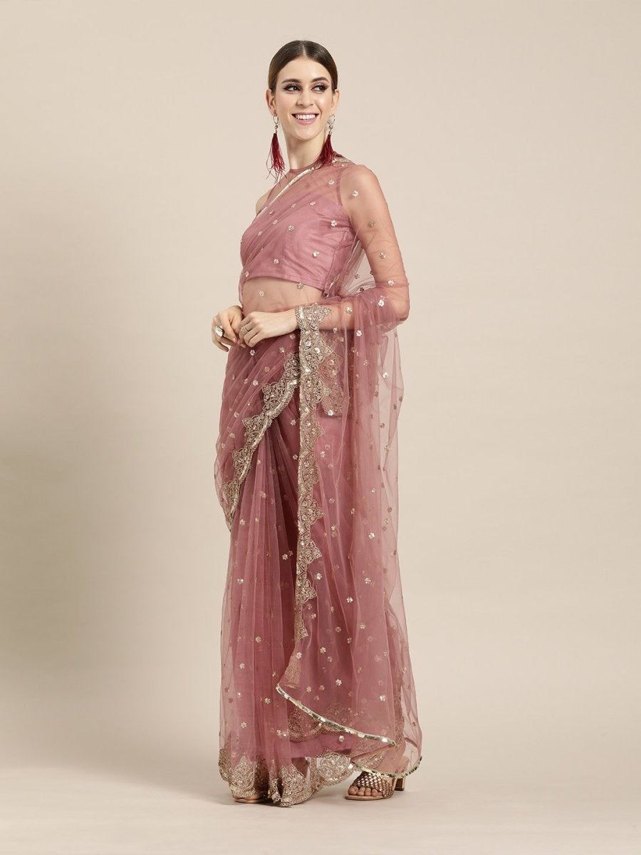 Pink & Golden Net Embellished Saree