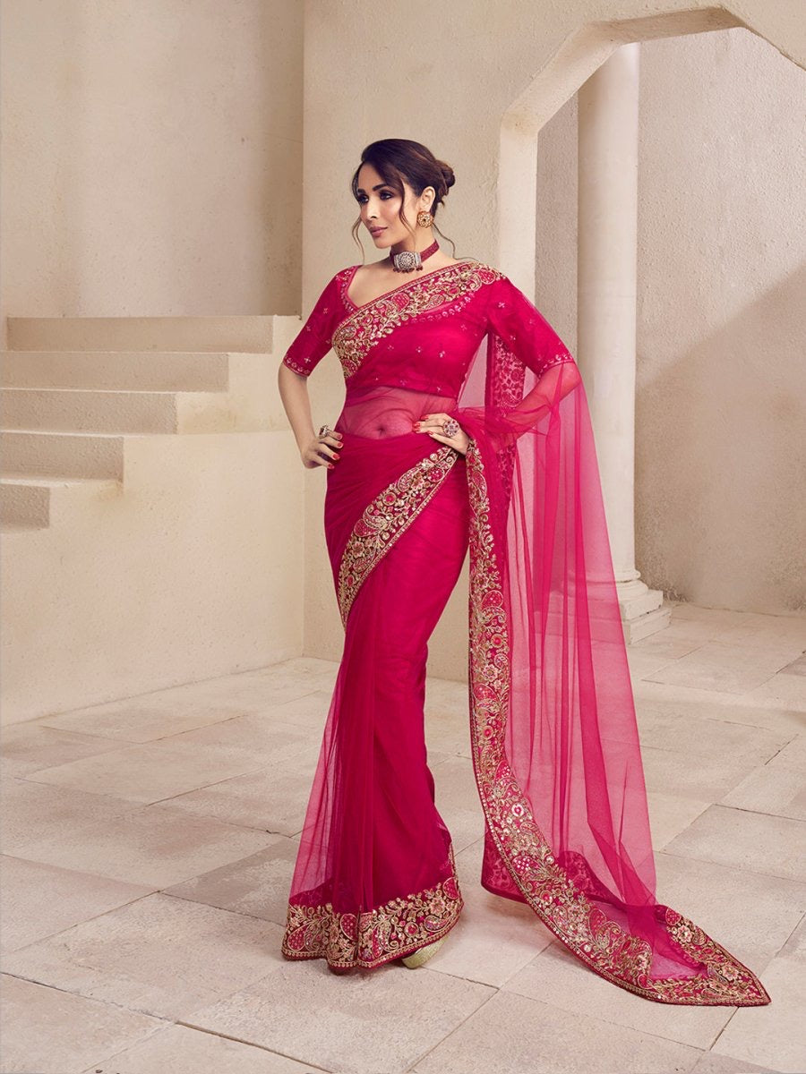 Malaika Arora Magenta Pink Floral Sequins And Thread Embroidered Saree With Blouse Piece