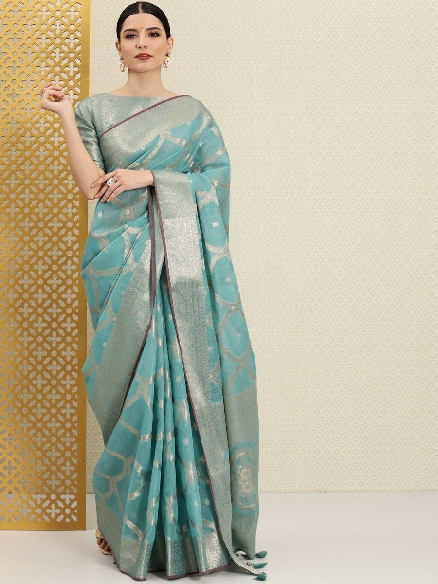 Sea Green And Gold Ethnic Motifs Jaal Zari Woven Saree