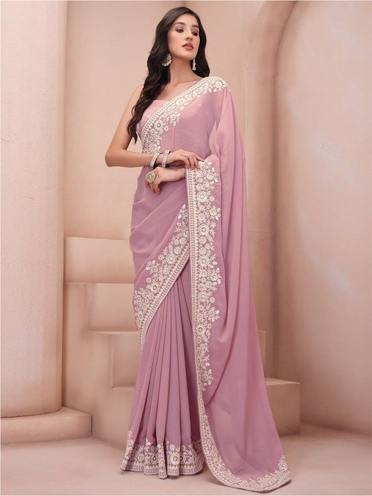 Pink & White Floral Sequinned Poly Georgette Saree