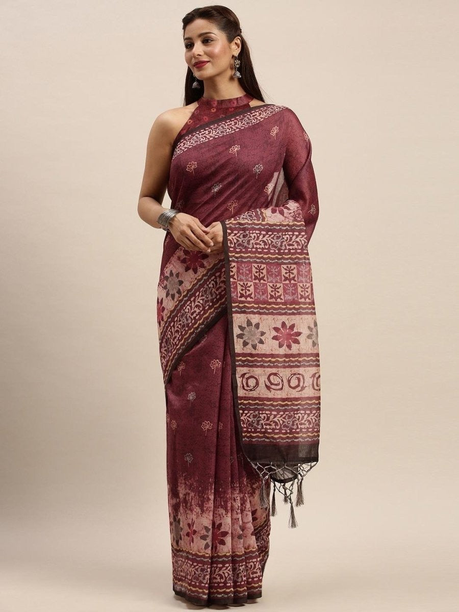 Maroon & Off-White Chanderi Cotton Blend Digital Floral Printed Saree