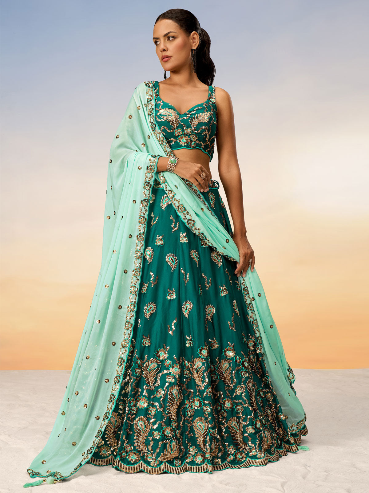 Green Pure Georgette With Heavy Sequins Embroidery Semi-Stitched Lehenga Choli & Dupatta