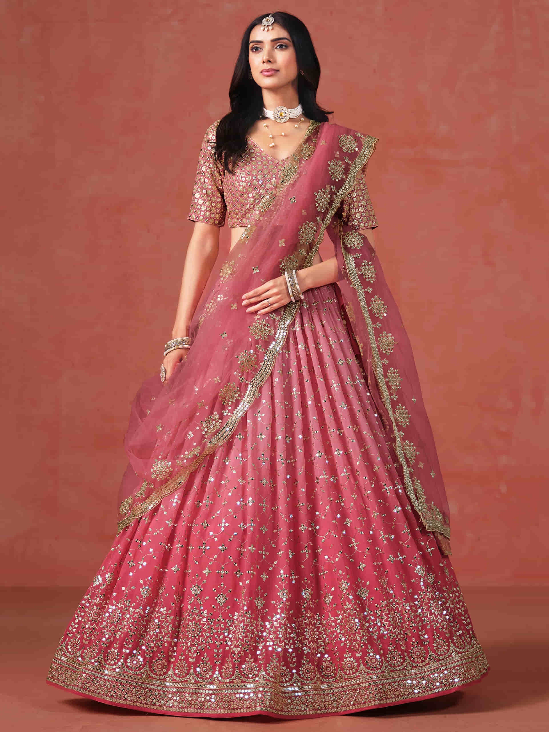 Peach Georgette Embroidered Zari Lehenga Choli With Dupatta