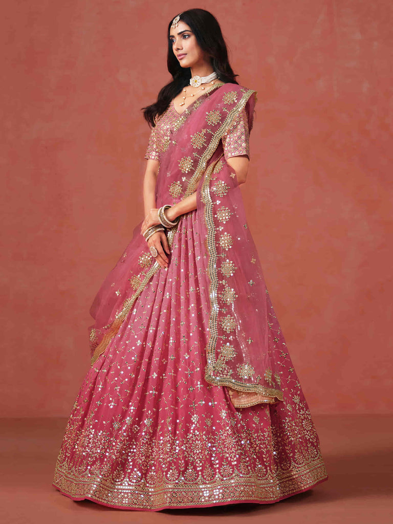 Peach Georgette Embroidered Zari Lehenga Choli With Dupatta