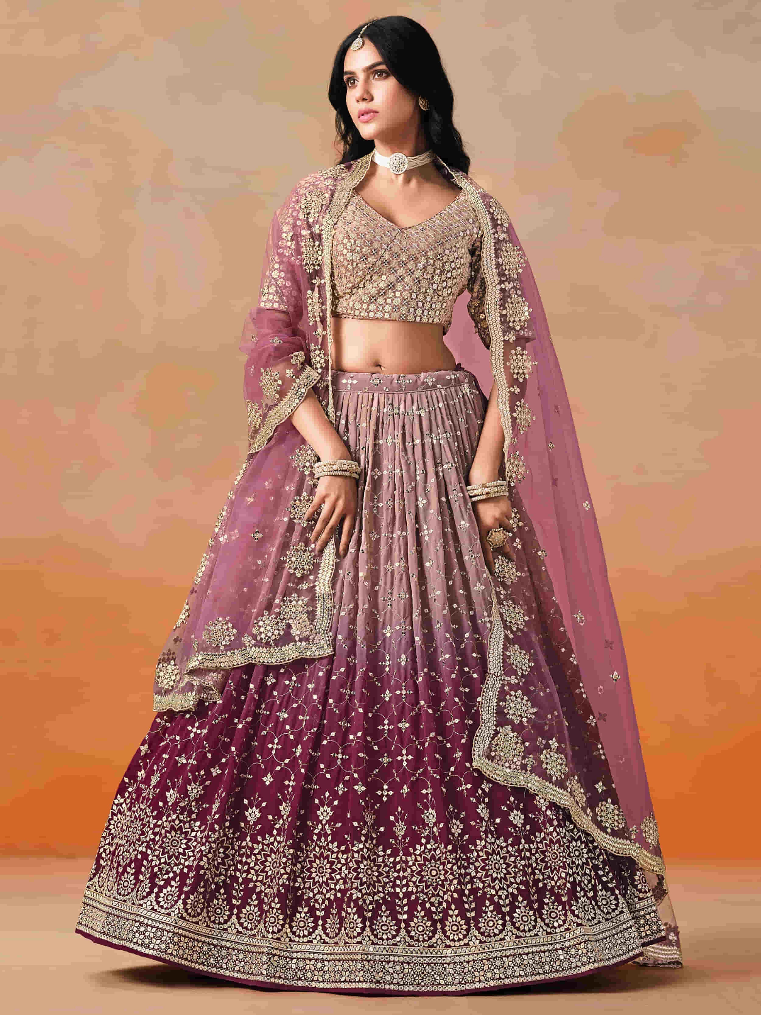 Maroon Embroidered Georgette Bridesmaids Lehenga Choli