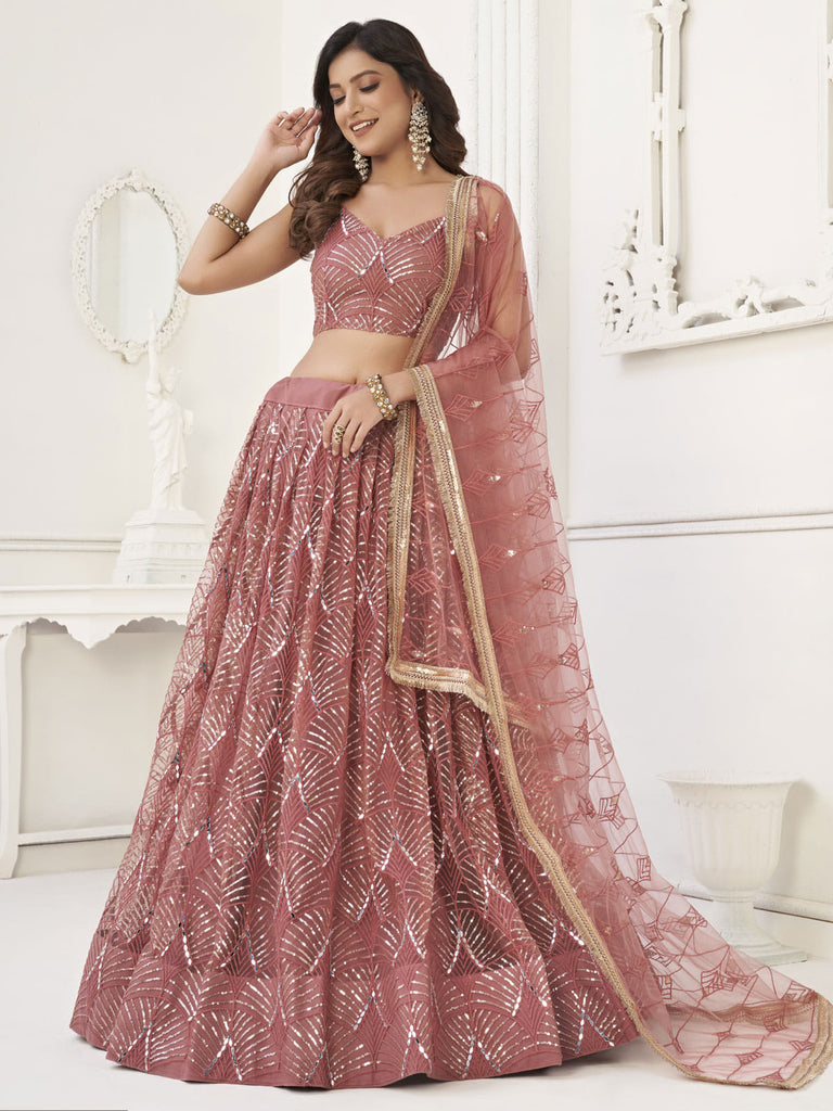 Mesmerizing Dusty Pink Thread Work Net Reception Wear Lehenga Choli