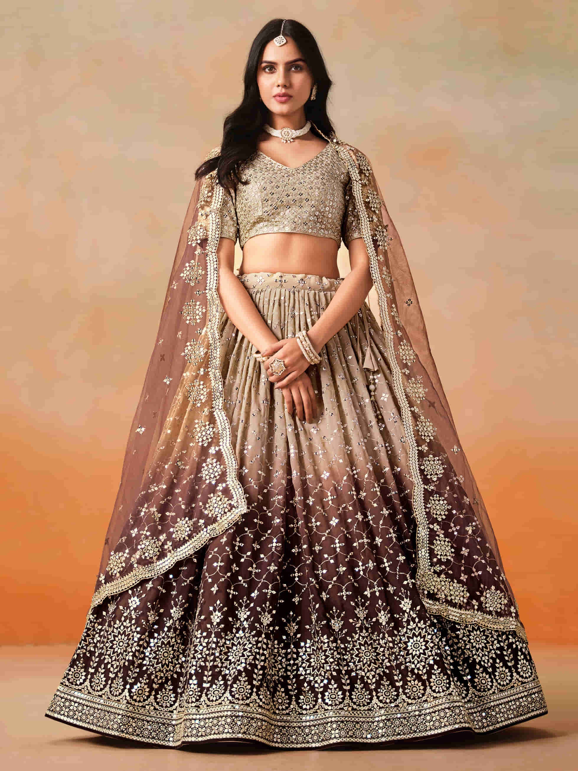 Brown Georgette Sequins Lehenga Choli With Dupatta