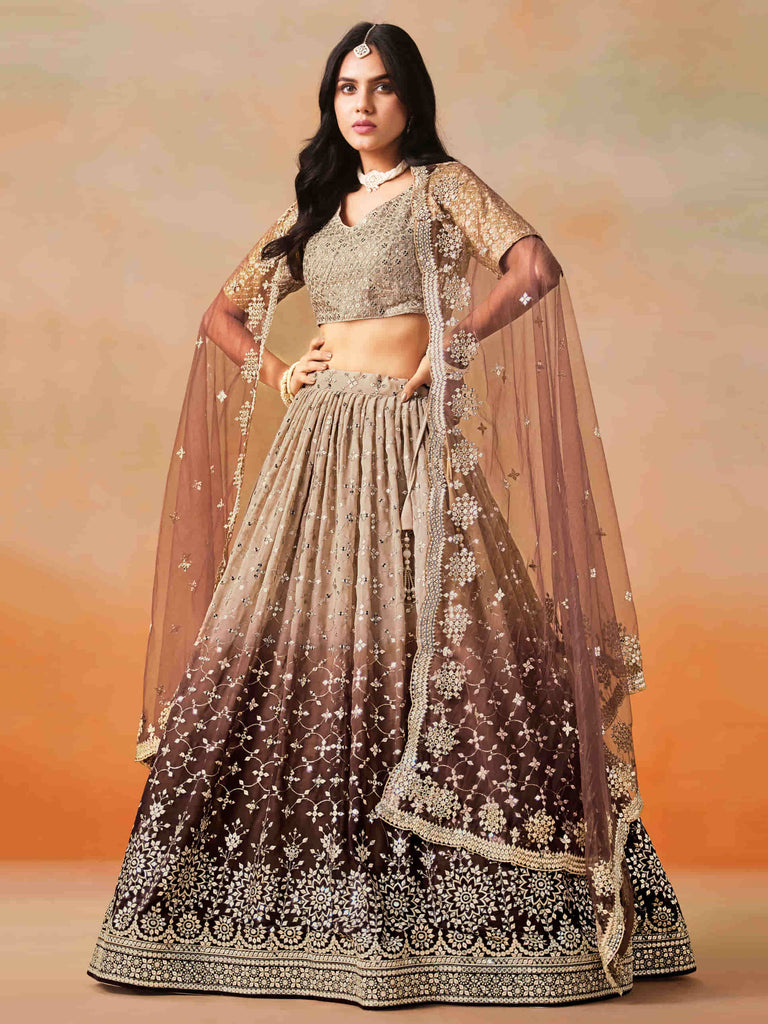 Brown Georgette Sequins Lehenga Choli With Dupatta