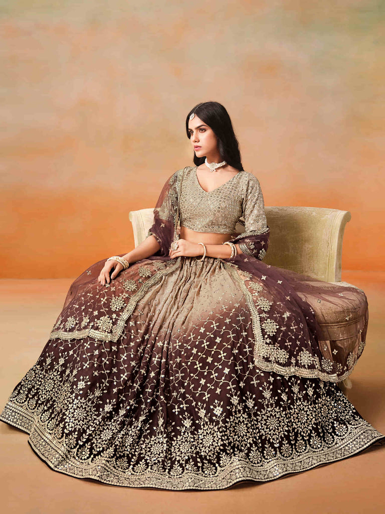 Brown Georgette Sequins Lehenga Choli With Dupatta
