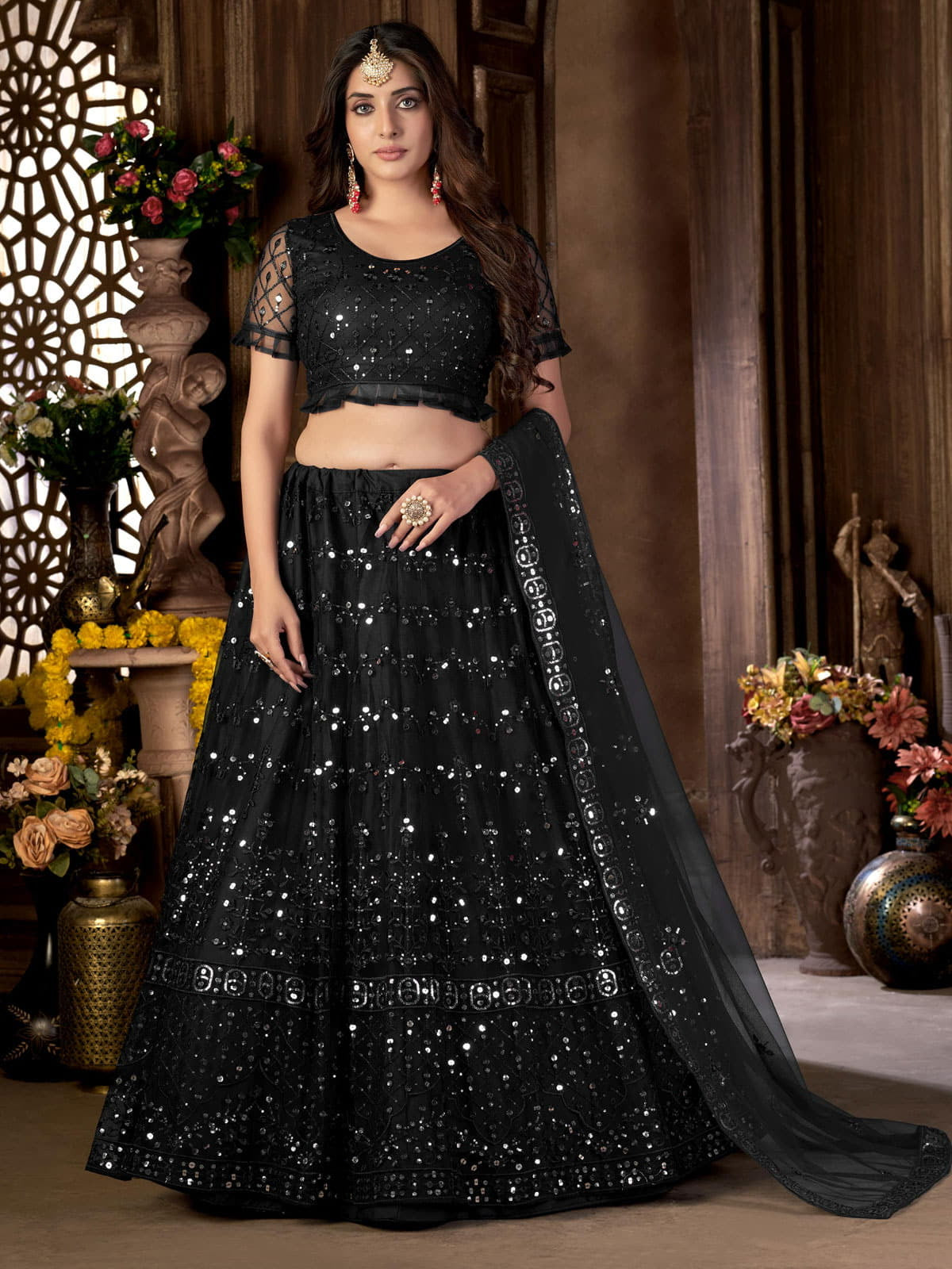 Black Net Embroidered A - Line Lehenga