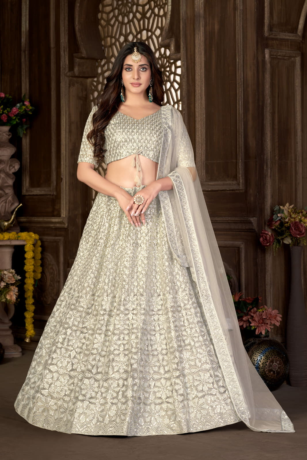 Embroidered Semi-Stitched Lehenga And Unstitched Blouse With Dupatta