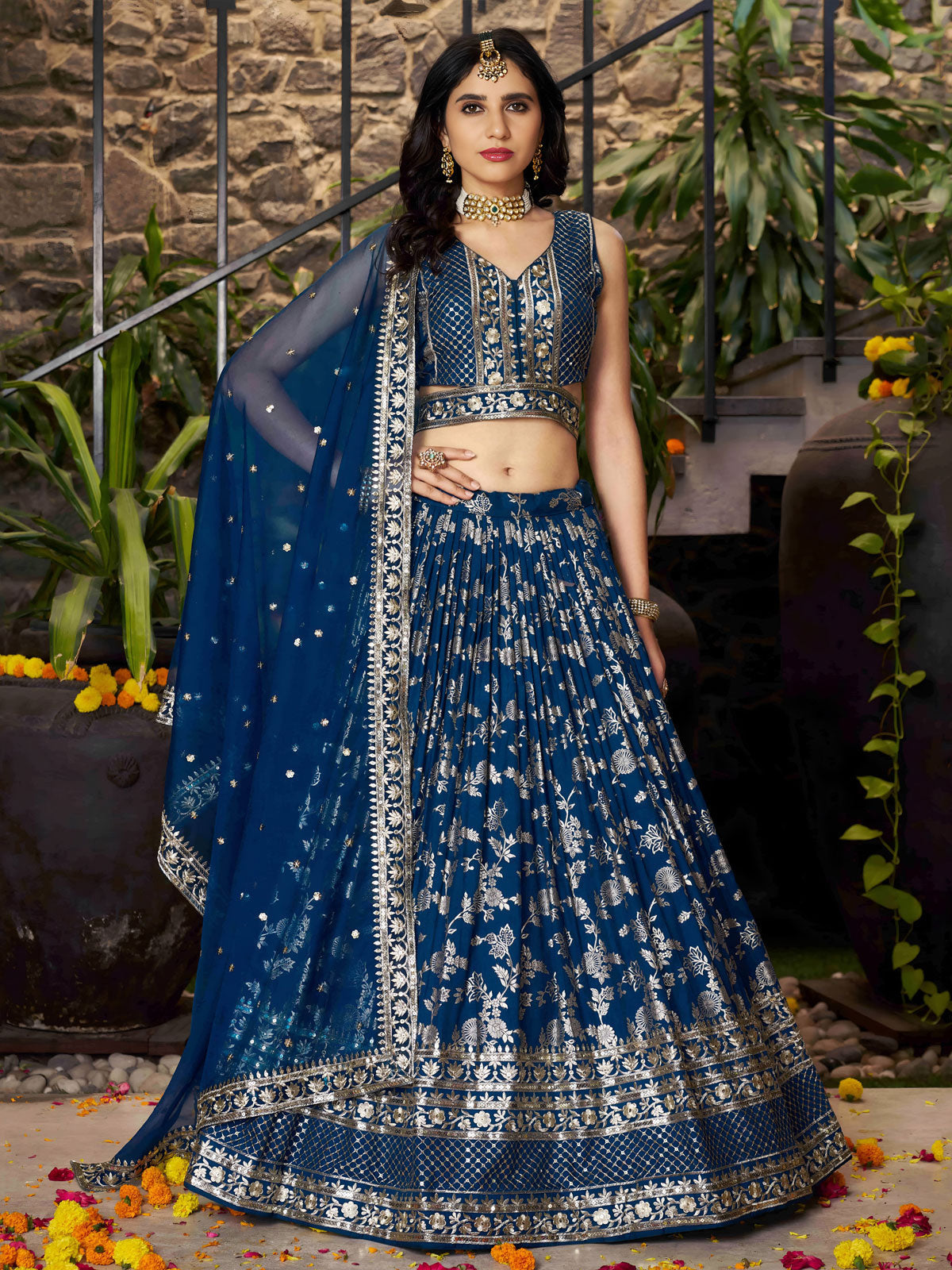 Sweet Dove Blue Zari Embroidered Designer Lehenga Choli
