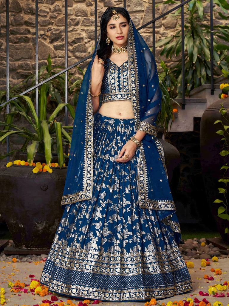 Sweet Dove Blue Zari Embroidered Designer Lehenga Choli
