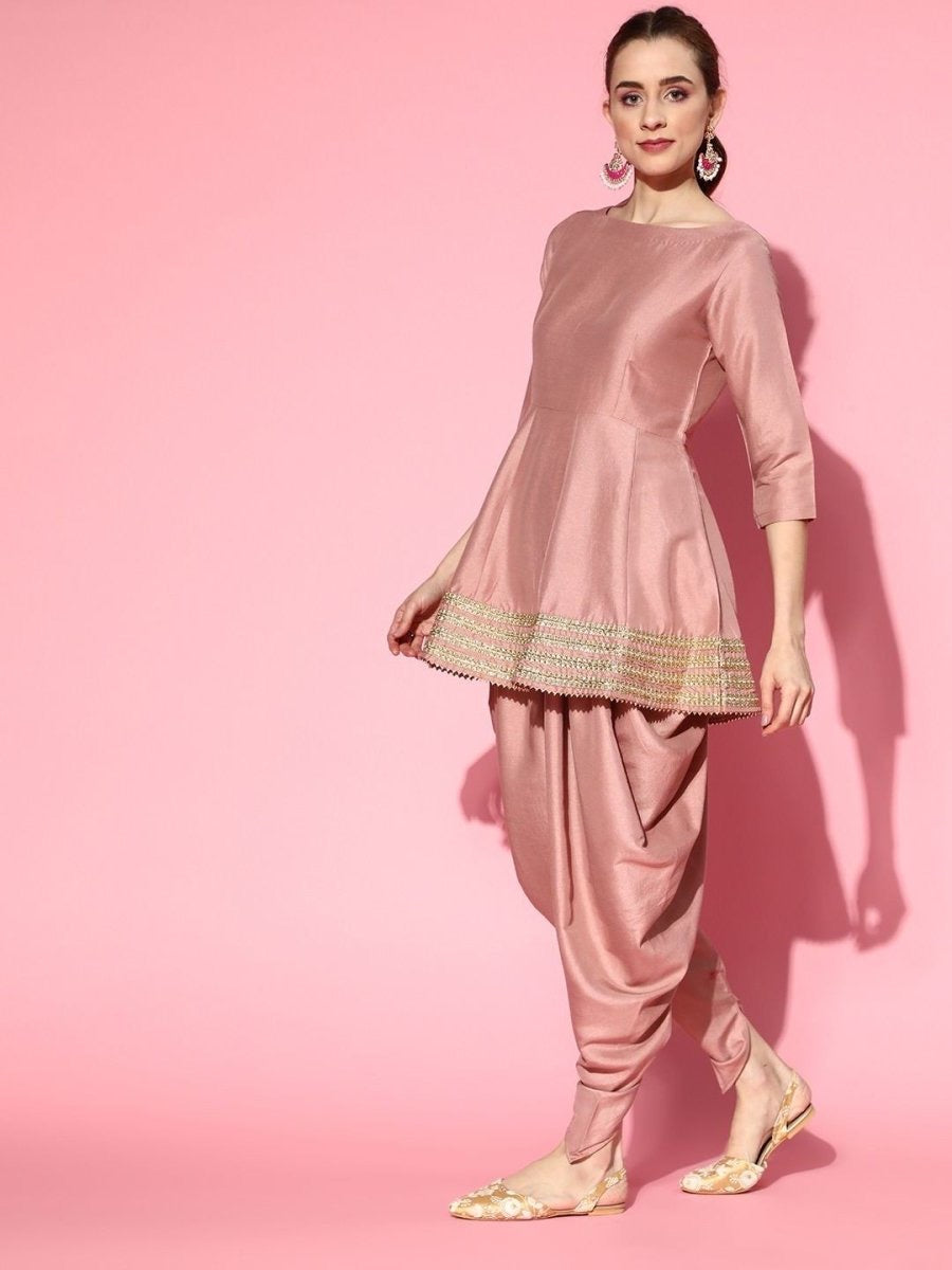 Dirty Pink Panelled Kurta With Dhoti Pants And Organza Dupatta