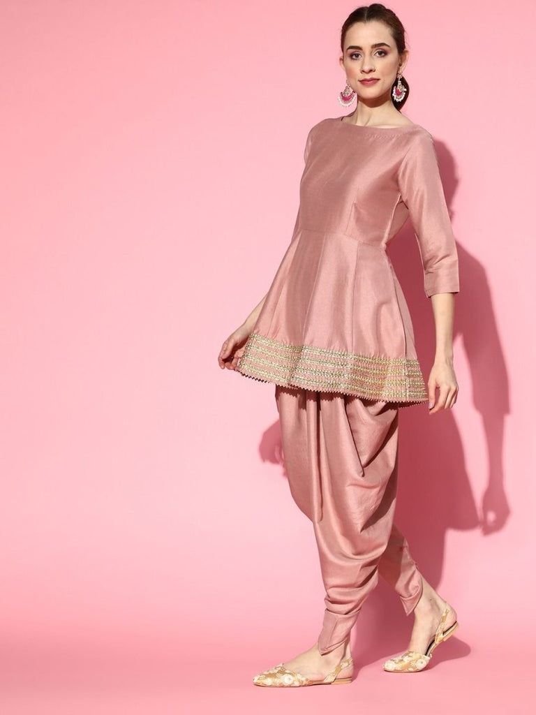 Dirty Pink Panelled Kurta With Dhoti Pants And Organza Dupatta