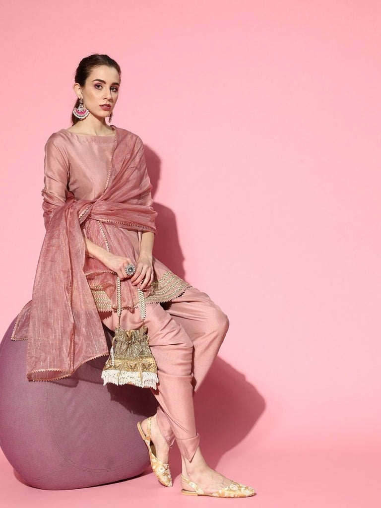 Dirty Pink Panelled Kurta With Dhoti Pants And Organza Dupatta