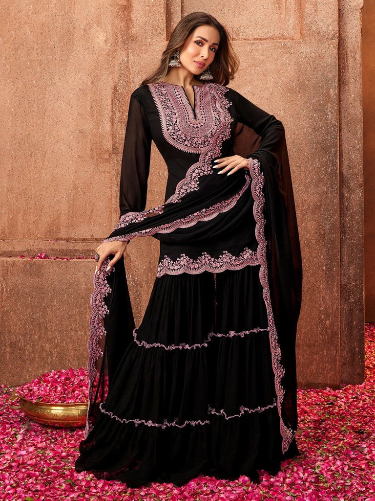 Malaika Arora Black Ethnic Motifs Thread Work Kurta With Sharara & Dupatta
