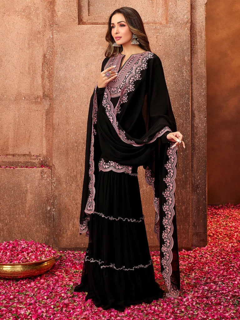 Malaika Arora Black Ethnic Motifs Thread Work Kurta With Sharara & Dupatta