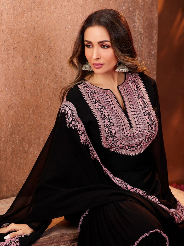 Malaika Arora Black Ethnic Motifs Thread Work Kurta With Sharara & Dupatta