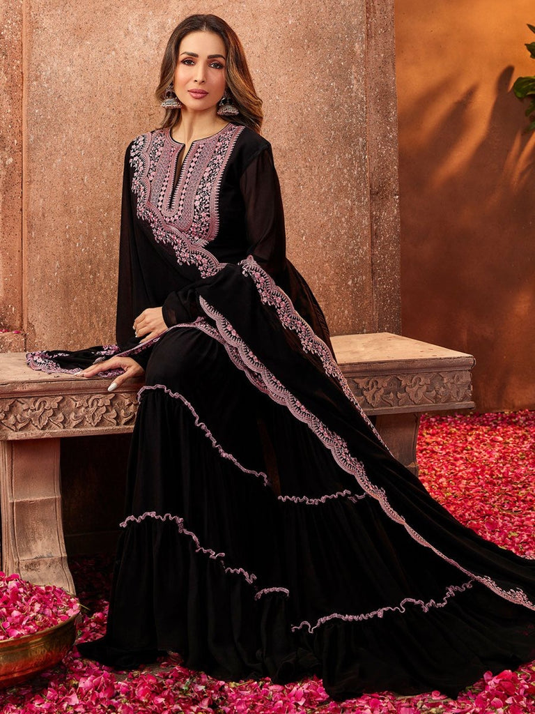 Malaika Arora Black Ethnic Motifs Thread Work Kurta With Sharara & Dupatta