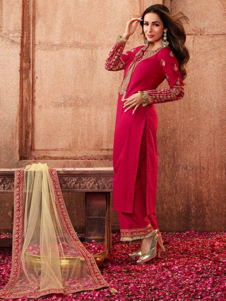 Malaika Arora Style Magenta & Gold Embroidered Kurta Suit