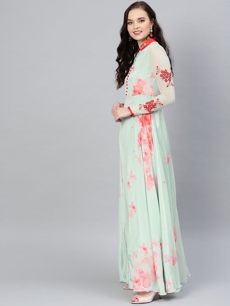 Sea Green Crepe And Georgette Partywear Dress