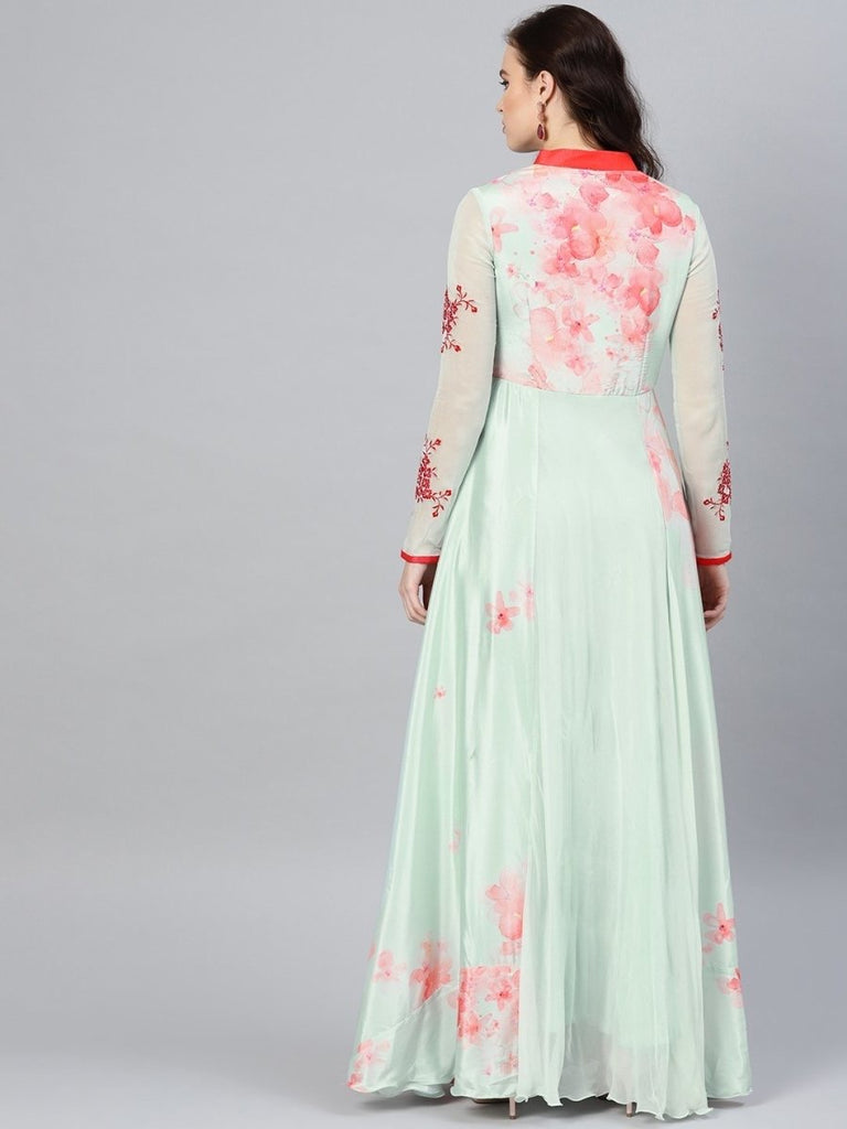 Sea Green Crepe And Georgette Partywear Dress