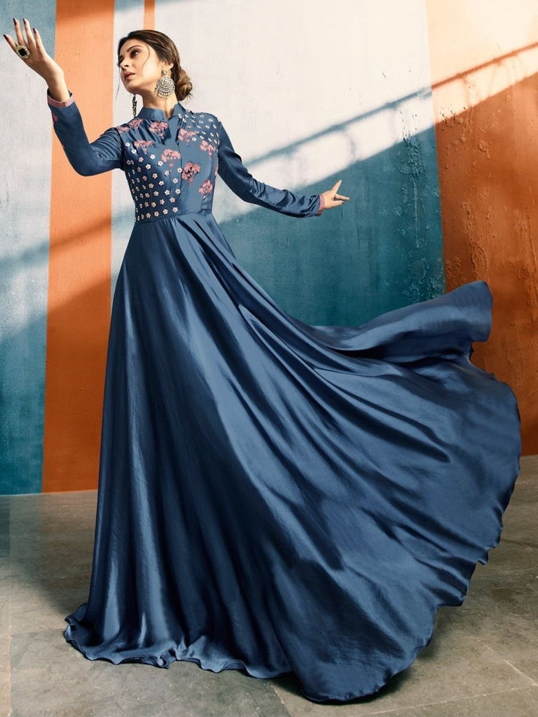 Jennifer Winget Blue Satin Silk Gown Style Readymade Suit
