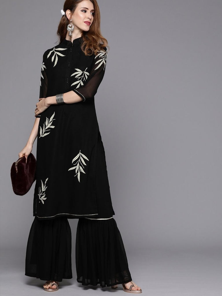Black Embroidered Kurta With Sharara