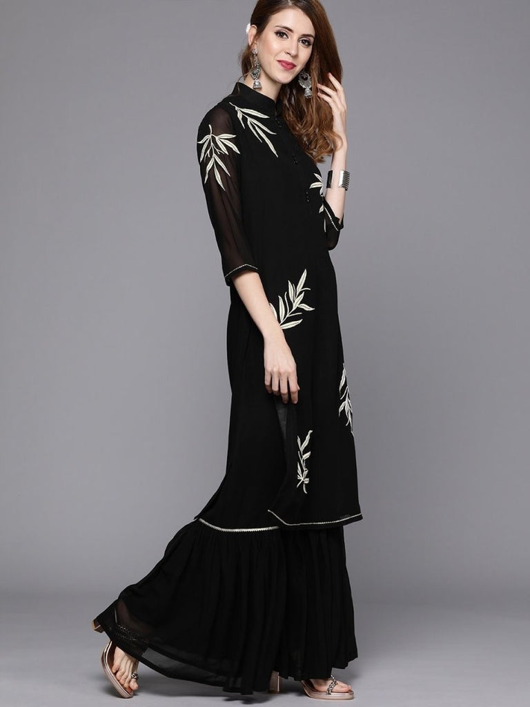 Black Embroidered Kurta With Sharara