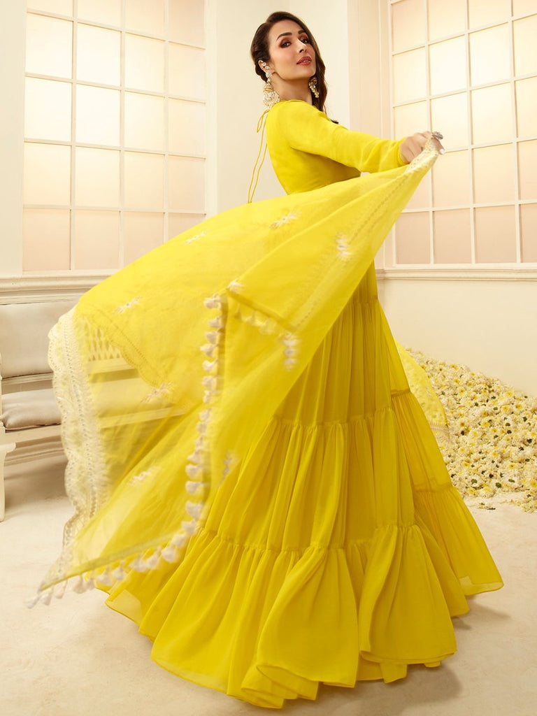 Malaika Arora Yellow Floral Thread Georgette Dupatta