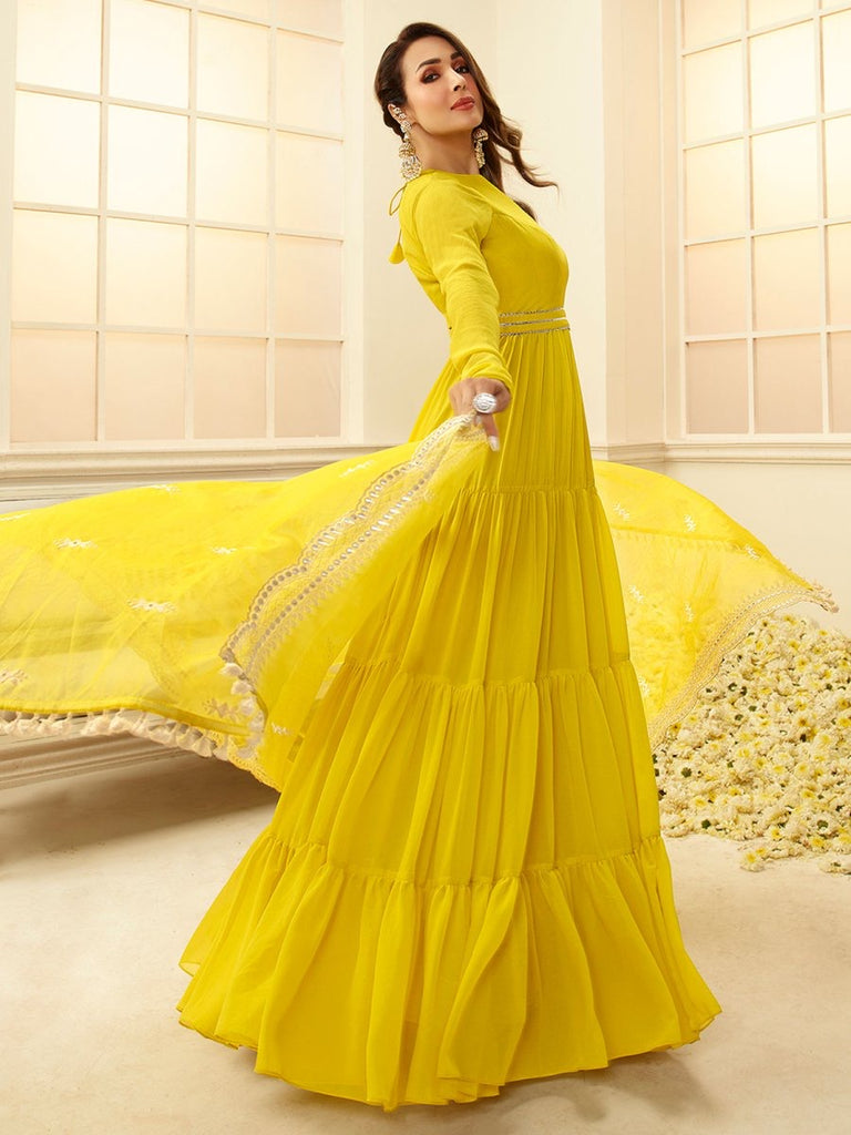 Malaika Arora Yellow Floral Thread Georgette Dupatta