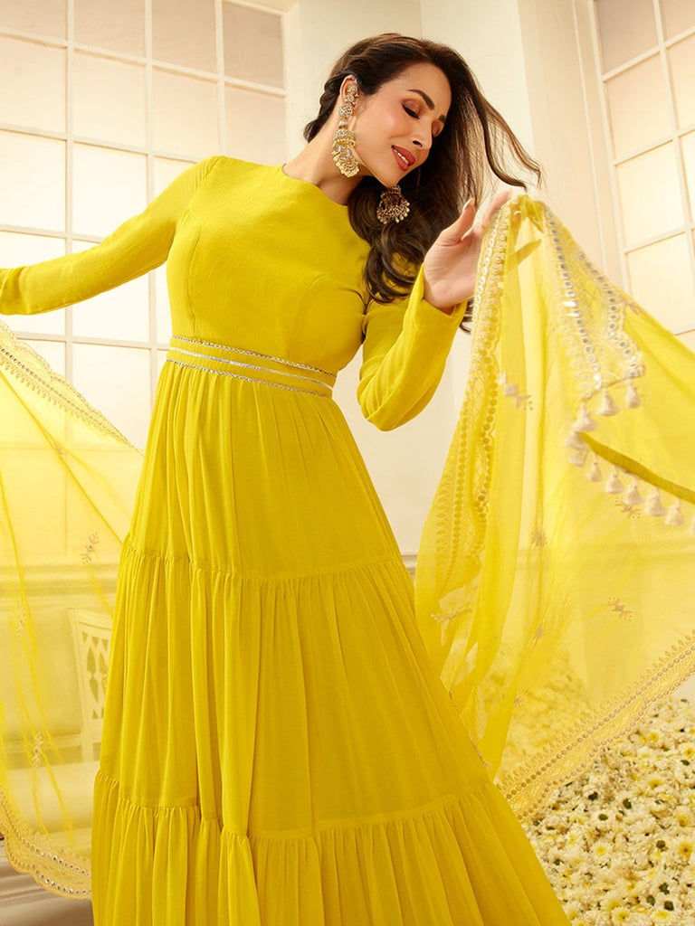 Malaika Arora Yellow Floral Thread Georgette Dupatta
