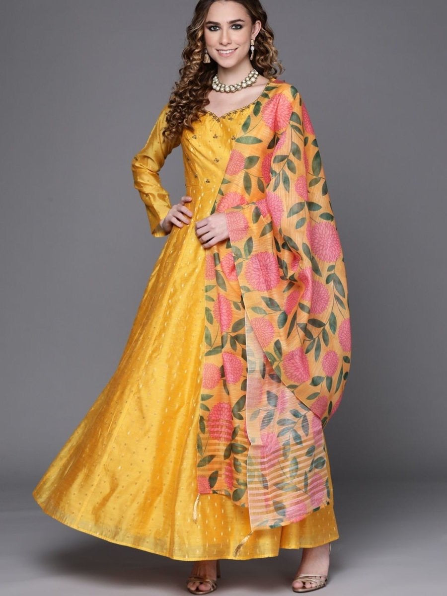 Yellow Yoke Embroidered Kurta With Printed Dupatta
