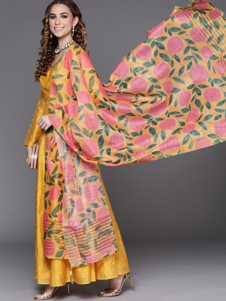 Yellow Yoke Embroidered Kurta With Printed Dupatta