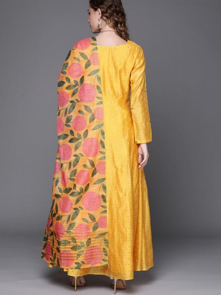 Yellow Yoke Embroidered Kurta With Printed Dupatta