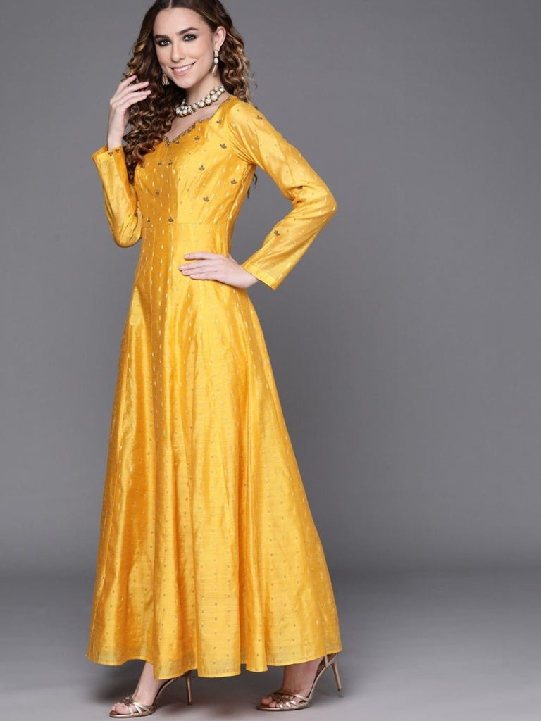 Yellow Yoke Embroidered Kurta With Printed Dupatta