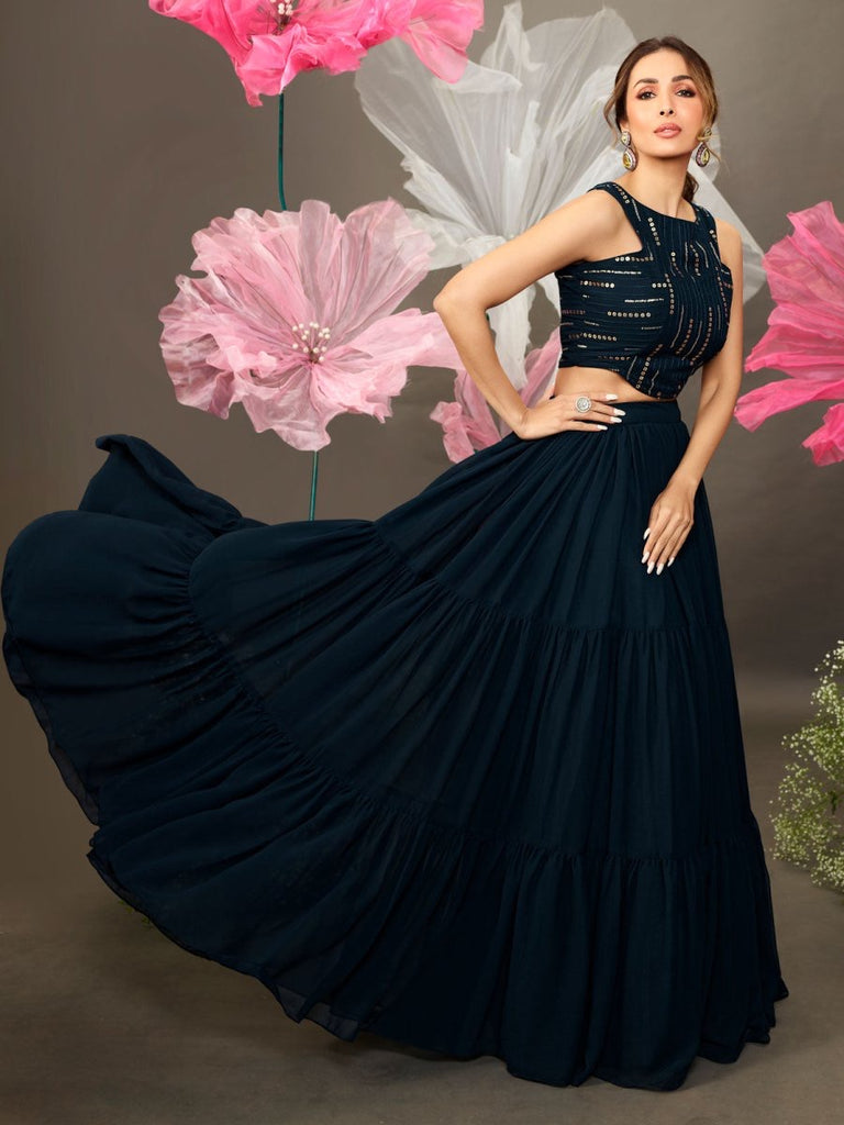 Malaika Arora Stylish Navy Blue Embellished Top With Solid Skirt
